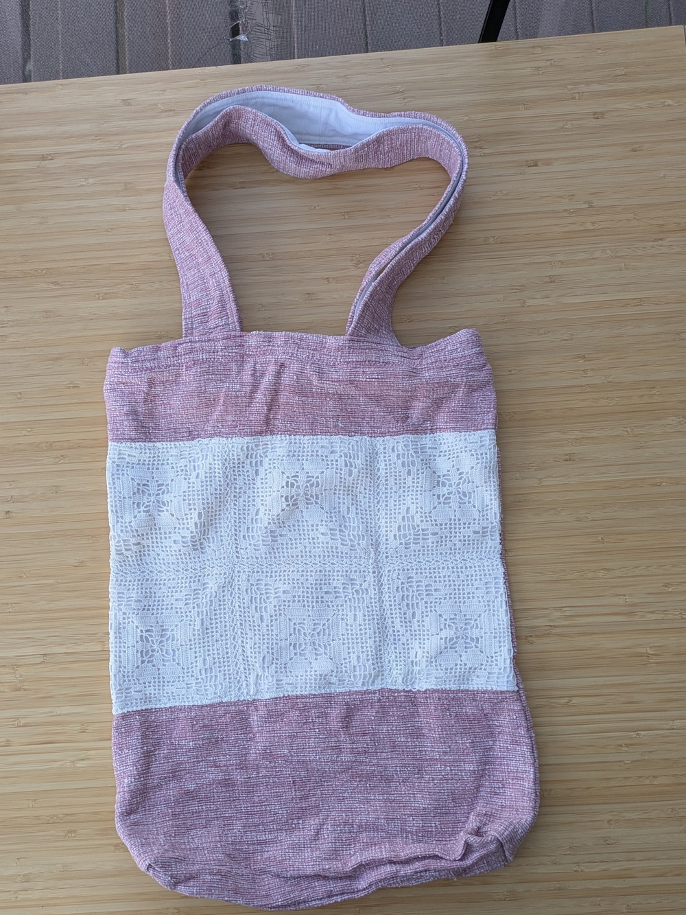 Pink and White Crochet Panel Tote Bag